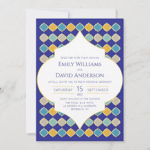 Moroccan Tile Royal Blue Golden Wedding Invitation