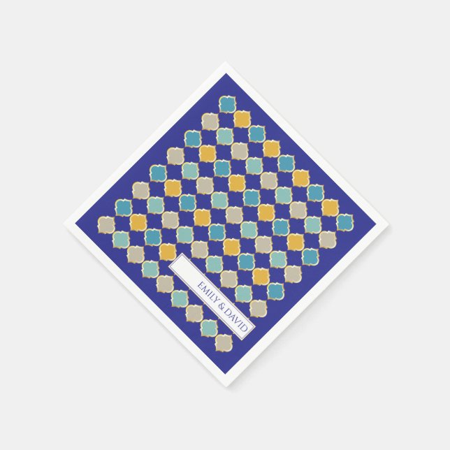 Moroccan Tile Royal Blue Golden Wedding Napkin (Corner)