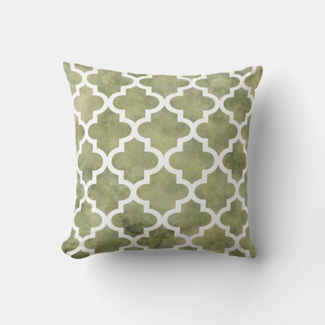 Moroccan Tile Trellis Patterm on Moss Green Marble Cushion (Front)