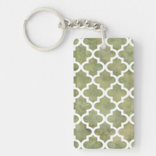 Moroccan Tile Trellis Pattern on Moss Green Marble Key Ring