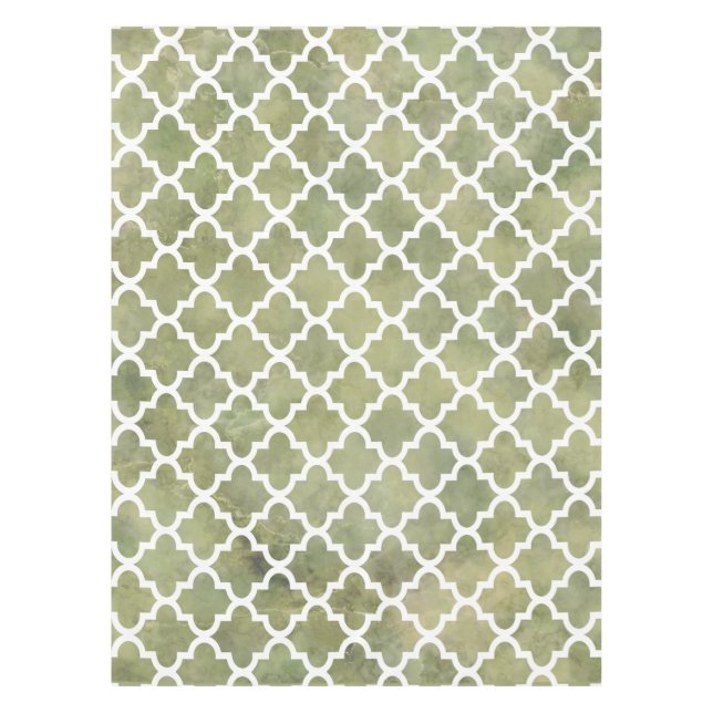 Moroccan Tile Trellis Pattern on Moss Green Marble Tablecloth (Front)
