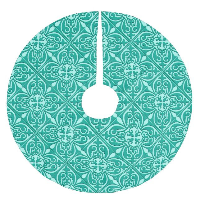 Moroccan tile - turquoise blue and aqua brushed polyester tree skirt (Front)