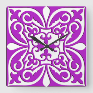 Moroccan tile - violet purple and white square wall clock