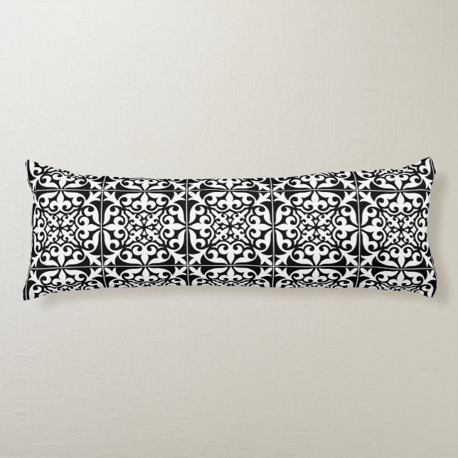Moroccan tile - white with black background body cushion (Front)