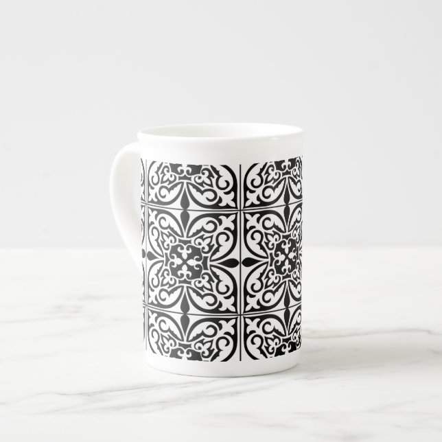 Moroccan tile - white with black background bone china mug (Front Left)