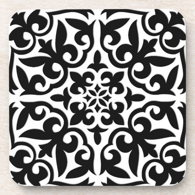 Moroccan tile - white with black background coaster (Front)