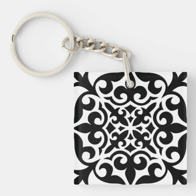 Moroccan tile - white with black background key ring (Front)