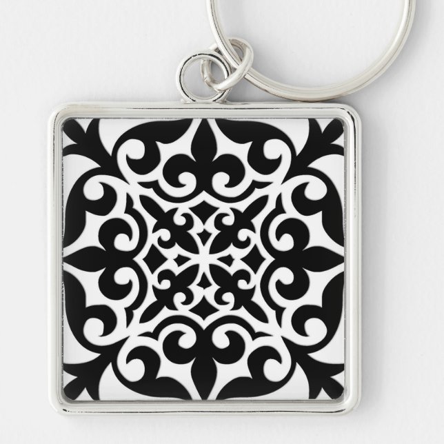 Moroccan tile - white with black background key ring (Front)