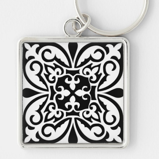 Moroccan tile - white with black background key ring (Front)