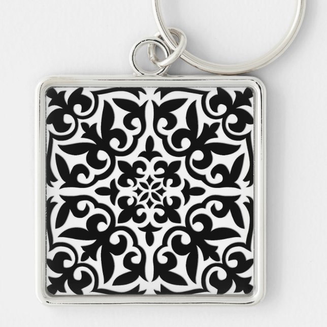 Moroccan tile - white with black background key ring (Front)
