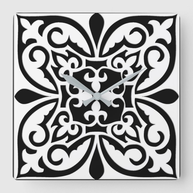 Moroccan tile - white with black background square wall clock (Front)