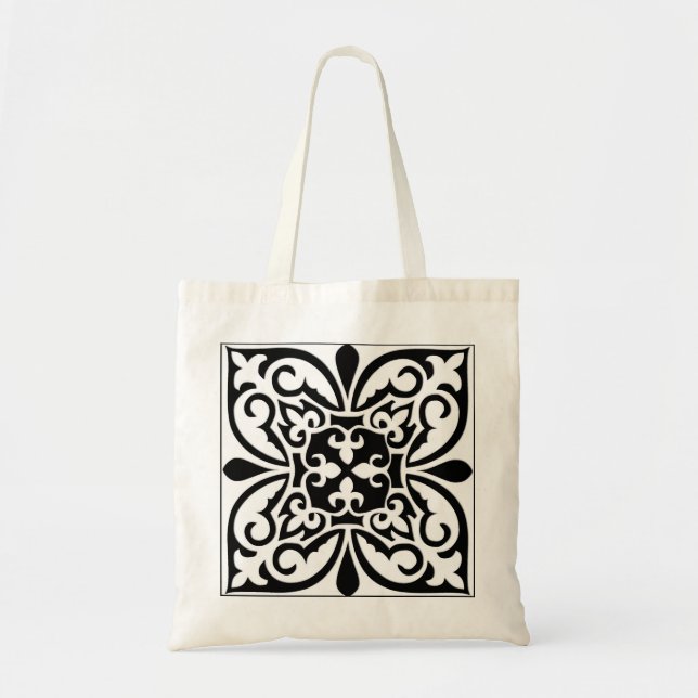 Moroccan tile - white with black background tote bag (Front)