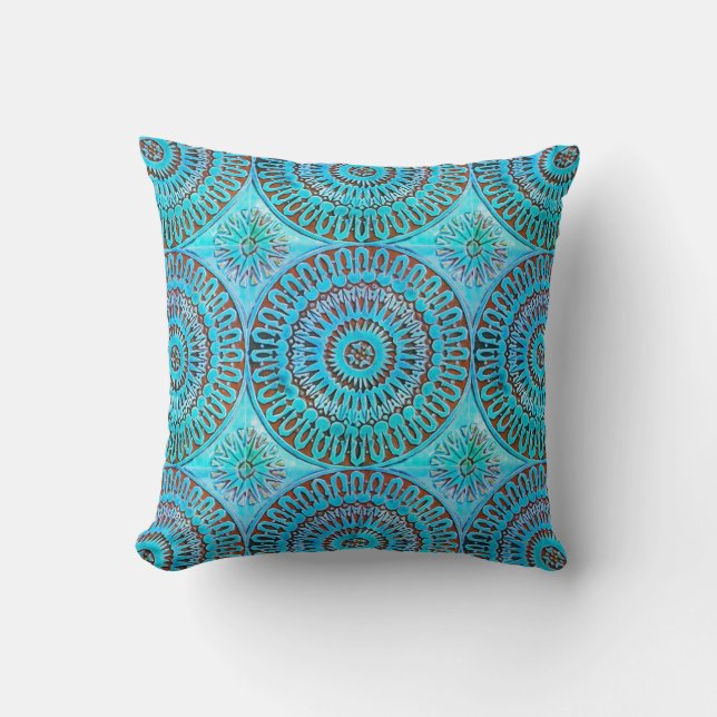 Moroccan Tile with Mandela pattern in watercolor. Cushion (Front)