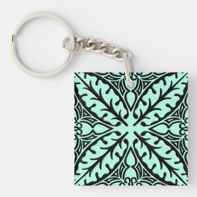 Moroccan tiles - aqua blue and black key ring (Front)