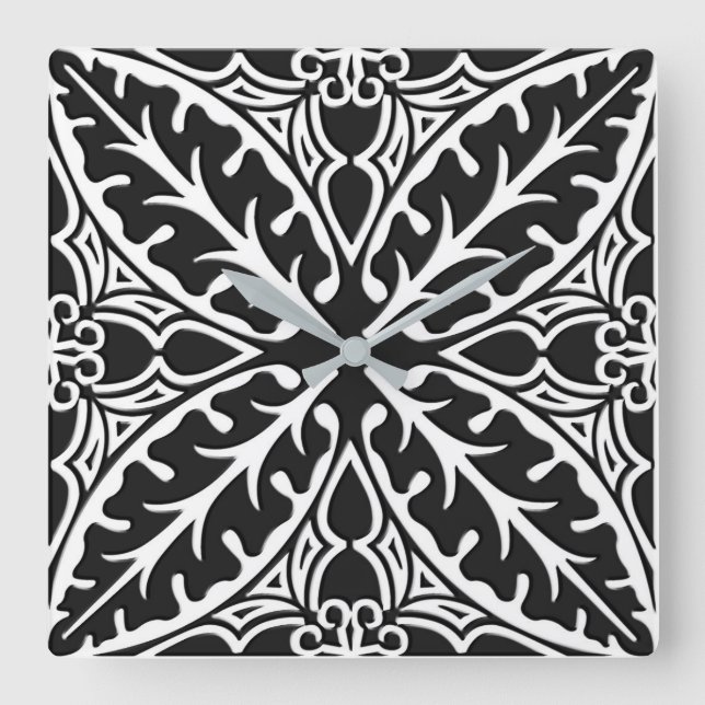Moroccan tiles - black and white square wall clock (Front)