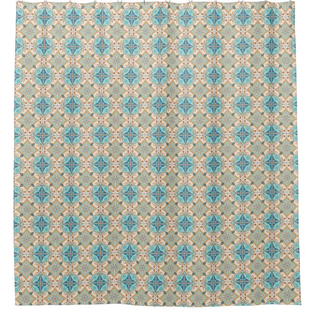 Moroccan Tiles Blue & Taupe bath Shower Curtain (Front)