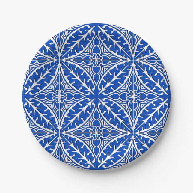 Moroccan tiles - cobalt blue and white paper plate (Front)