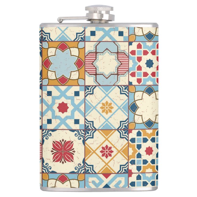 Moroccan tiles, colourful seamless pattern. hip flask (Front)