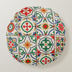 Moroccan Tiles: Colourful Seamless Pattern. Round Cushion