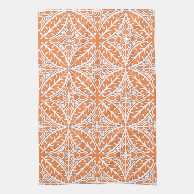 Moroccan tiles - coral orange and white tea towel (Vertical)