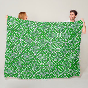 Moroccan tiles - emerald green and white fleece blanket