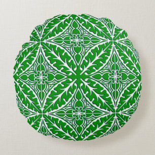 Moroccan tiles - emerald green and white round cushion