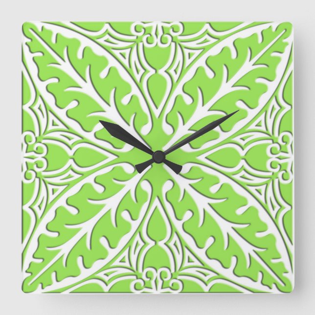Moroccan tiles - lime green and white square wall clock (Front)