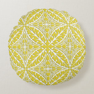 Moroccan tiles - mustard gold and white round cushion