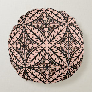 Moroccan tiles - peach pink and black round cushion