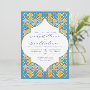 Moroccan Tiles Yellow Blue Golden QR Code Invitation