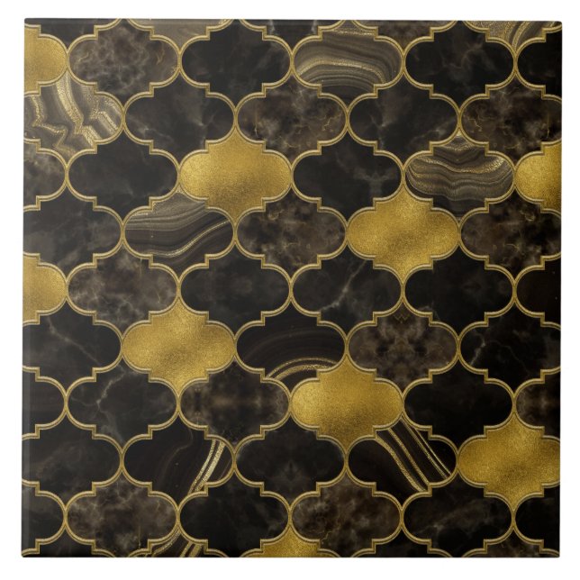 Moroccan trellis Black Marble and Gold Tile (Front)