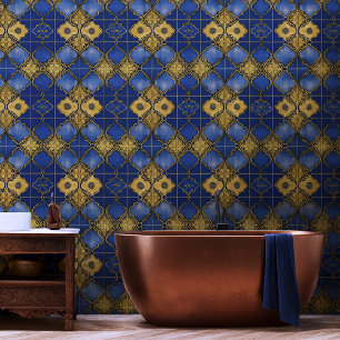 Moroccan Trellis Pattern Quatrefoils Blue Gold Wallpaper