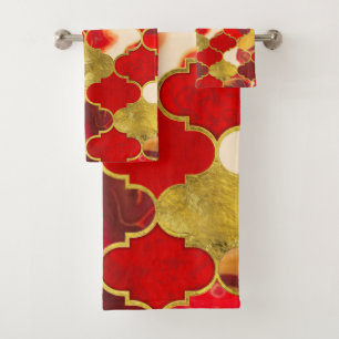 Moroccan trellis Reds and Gold Bath Towel Set