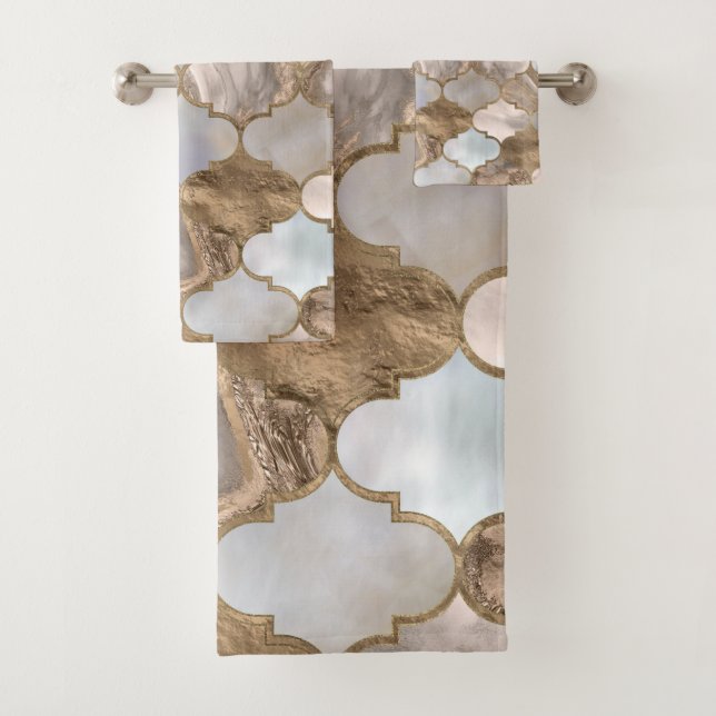 Moroccan trellis White marble and gold Bath Towel Set (Insitu)