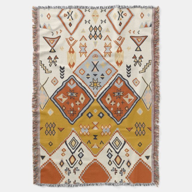 Moroccan Tribal Geometric Folk Art Pattern Throw Blanket (Front Vertical)