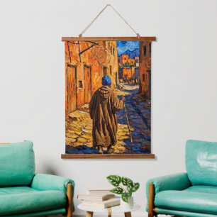 Moroccan Village Starry Night Impasto Oil Painting Hanging Tapestry
