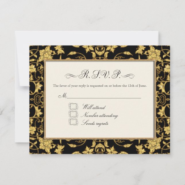 Moroccan Vine Floral Damask Glitter Formal Wedding RSVP Card (Front)
