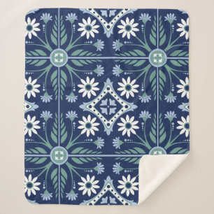 Moroccan vivid blue white tile arabesque ogee sherpa blanket