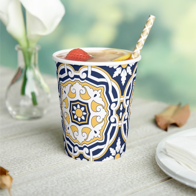 Moroccan vivid blue yellow intricate geometric paper cups (Insitu)