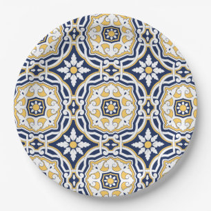Moroccan vivid blue yellow intricate geometric paper plate