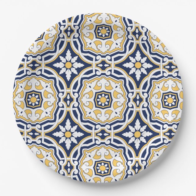 Moroccan vivid blue yellow intricate geometric paper plate (Front)