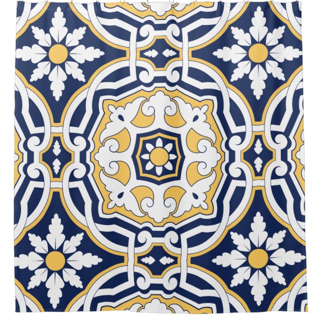 Moroccan vivid blue yellow intricate geometric shower curtain (Front)