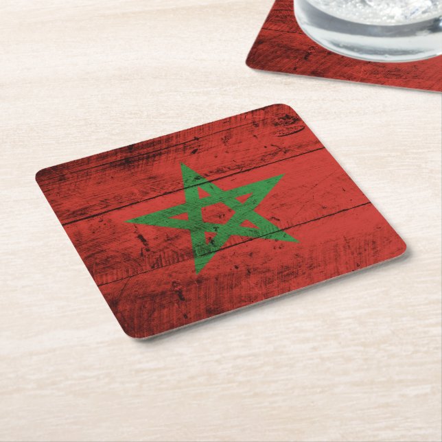 Morocco Flag on Old Wood Grain Square Paper Coaster (Angled)