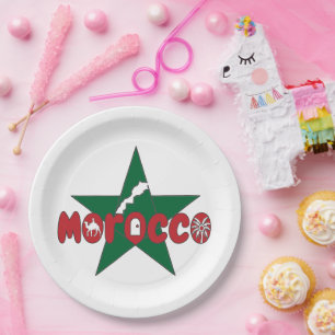 Morocco is a wordmark of doors, dunes, and palms paper plate