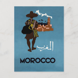 Morocco, man is going to the city, illustration postcard
