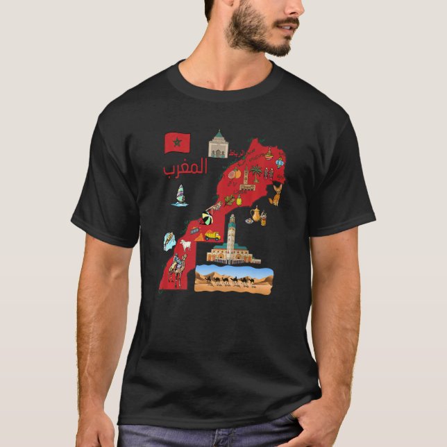 Morocco Map Major Cities In Arabic Tourist Destina T-Shirt (Front)