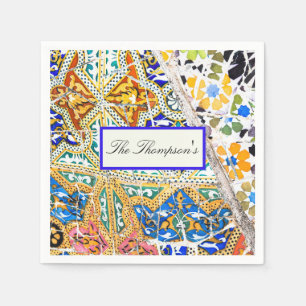 Morocco Mosaic Blue Orange Black Floral Pattern  Napkin