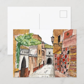 morocco red orange city watercolor illustration postcard