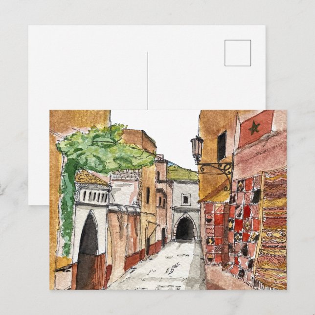 morocco red orange city watercolor illustration  postcard (Front/Back)