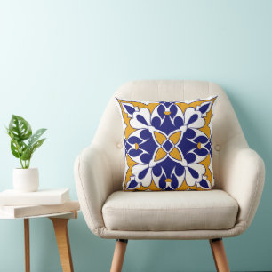 Morocco Square Tile Yellow Blue Bohemian Pattern Cushion